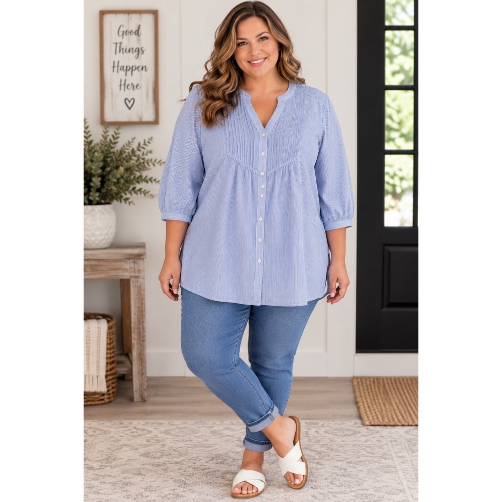 Kim Rogers Woman Blue White Pinstripe Pintuck Button Front Tunic Top 2X Cotton